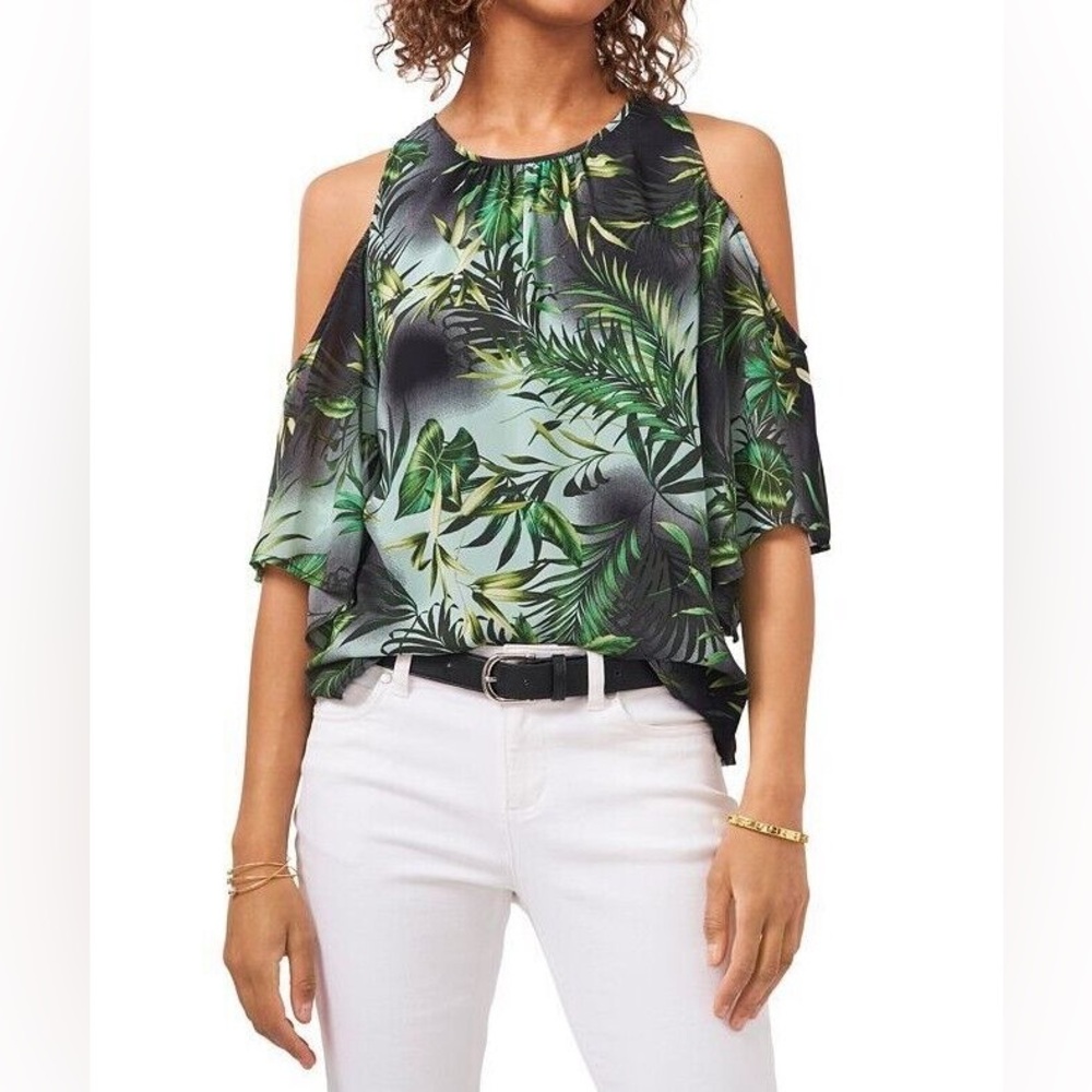 ❤️ NWT VINCE CAMUTO Tropical-Print Cold-Shoulder Top Size M ❤️ F1